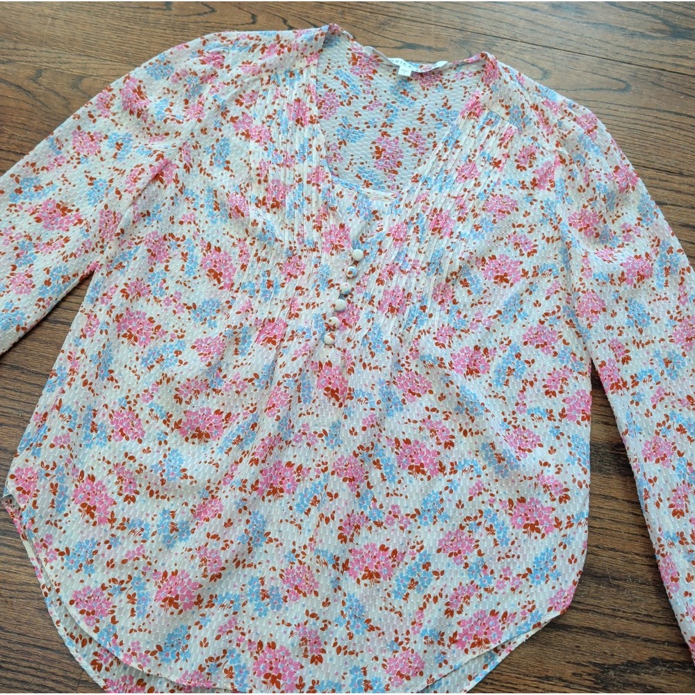 Veronica Beard Silk Ditsy Floral Pintuck Semi-sheer Blouse Sz 4 Pink Blue Boho